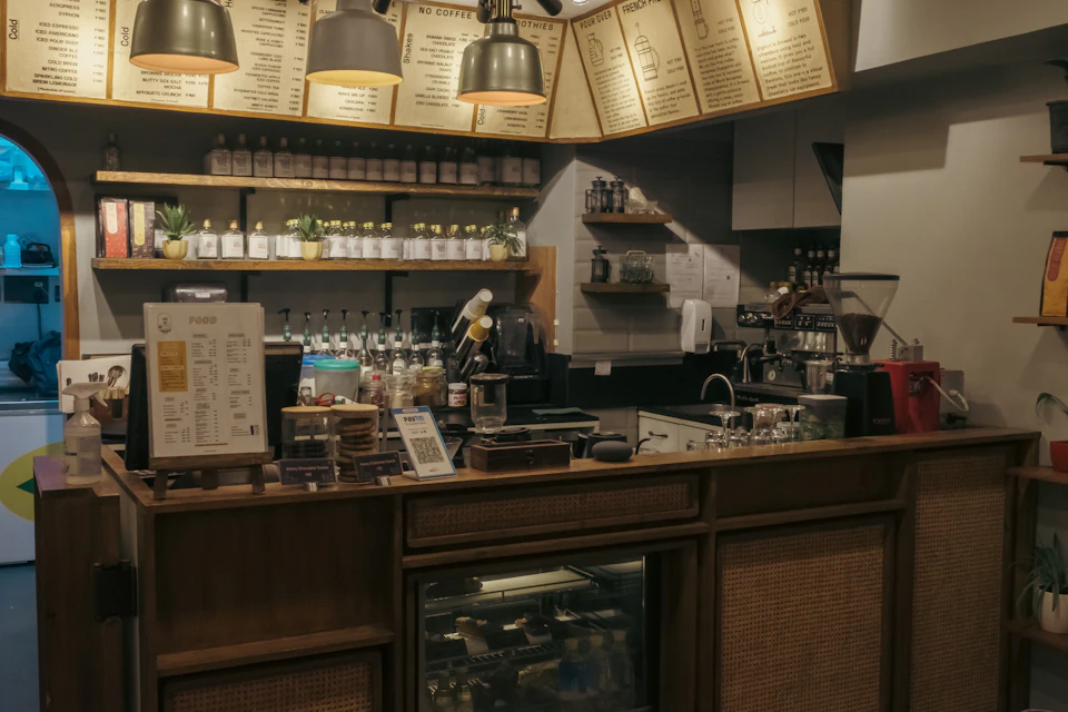 Cafe interior with hanging lights