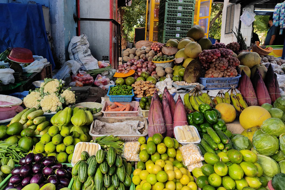 Market stall with fresh fruits and vegetables