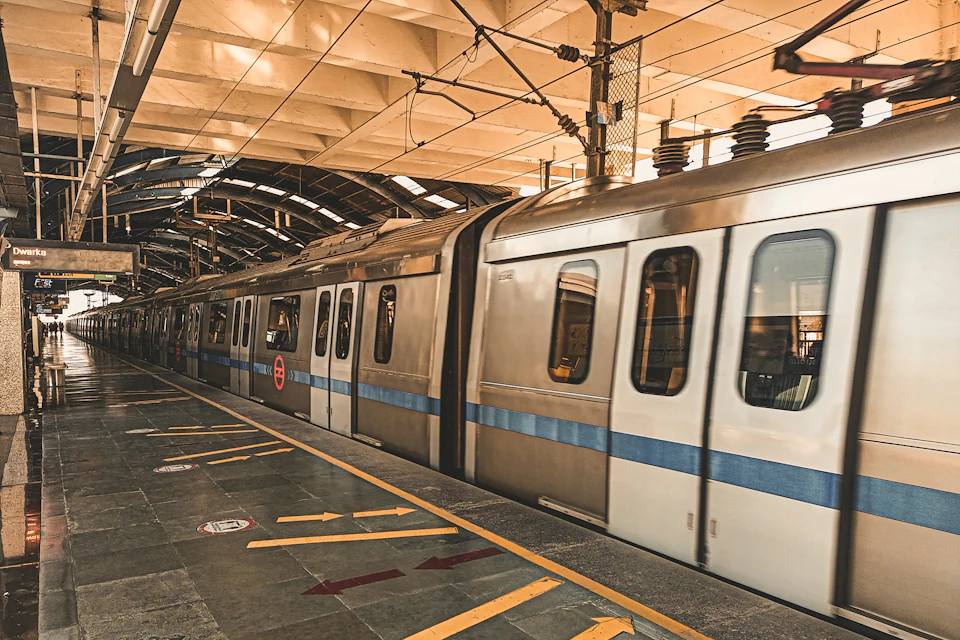 Metro train arriving at a station