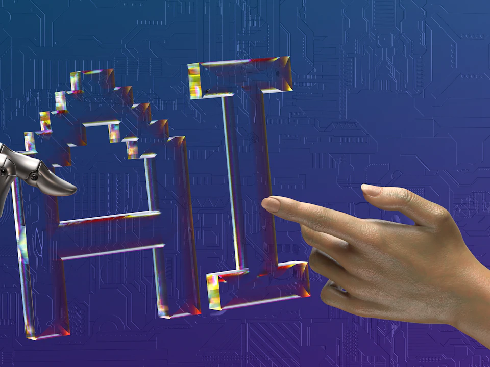 Robot and human hands reaching toward the letters AI