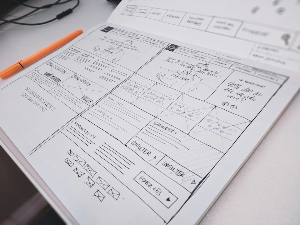 Hand-drawn website wireframe sketches on paper