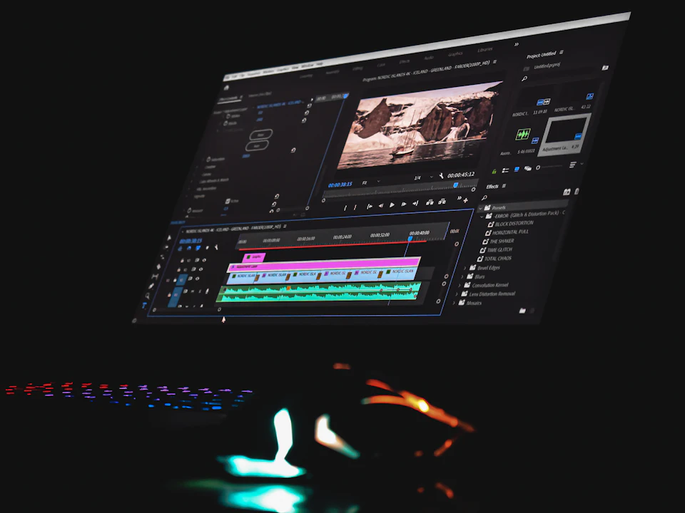 Video editing software with a timeline on a computer monitor
